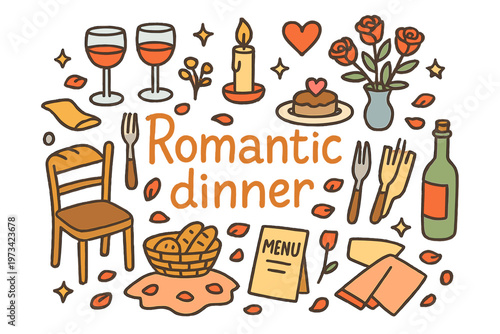 Romantic Dinner Doodle. Romantic dinner. Hand-drawn doodle illustration of romantic dinner. Wine glasses,