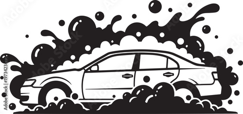 Modern Sedan Car Wash Vector with Soap Bubbles and Water Splashes