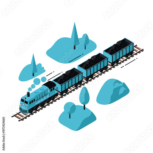 Isometric Train with Coal Cars on Tracks in a Landscape.