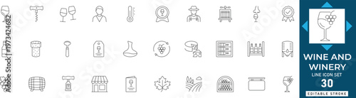 Wine and winery line icon set featuring vineyard, bottle, glass, tasting, grape, sommelier, and cellar. Professional editable vector illustration.

