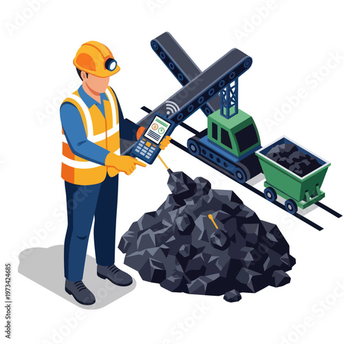 Isometric Coal Miner Using Digital Device at Mine Site.