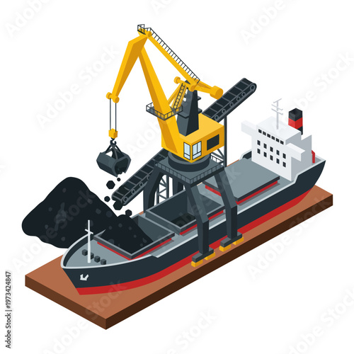 Coal cargo ship being loaded by a crane at a port.