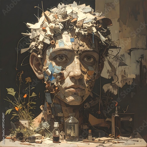 A surreal portrait depicts a human-like bust constructed from disparate objects, suggesting fragmented thought and existence