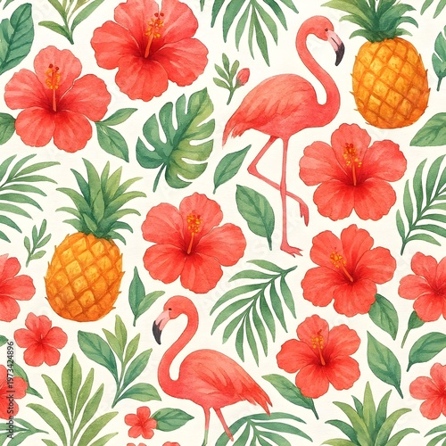 Seamless summer tropical pattern with hibiscus flowers, palm leaves, pineapples and flamingos, bold bright colors, flat vector illustration style, white background, tileable