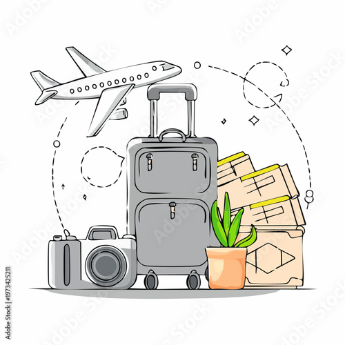 Travel essentials with airplane luggage camera and moving boxes.