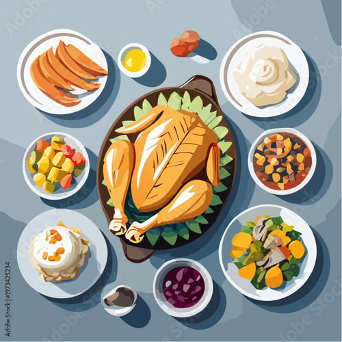 Thanksgiving Feast with Roasted Turkey and Assorted Side Dishes.