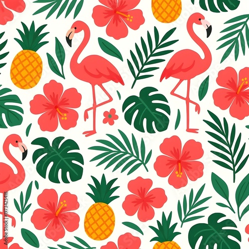 Seamless summer tropical pattern with hibiscus flowers, palm leaves, pineapples and flamingos, bold bright colors, flat vector illustration style, white background, tileable