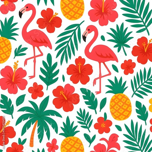 Seamless summer tropical pattern with hibiscus flowers, palm leaves, pineapples and flamingos, bold bright colors, flat vector illustration style, white background, tileable