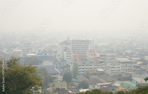 Thick smoke from forest fires in neighboring countries blankets a border town between Thailand and Myanmar, creating a hazy atmosphere over Maesai city, Chiang Rai in Thailand.