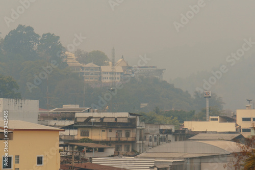 Thick smoke from forest fires in neighboring countries blankets a border town between Thailand and Myanmar, creating a hazy atmosphere over Maesai city, Chiang Rai in Thailand.