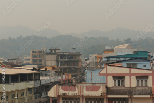 Thick smoke from forest fires in neighboring countries blankets a border town between Thailand and Myanmar, creating a hazy atmosphere over Maesai city, Chiang Rai in Thailand.