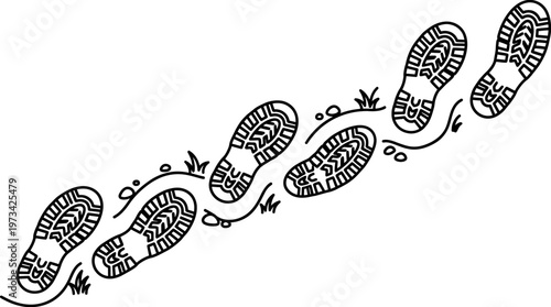 Human Footprints Tracing a Path with Shoe Print Marks on Isolated White Background