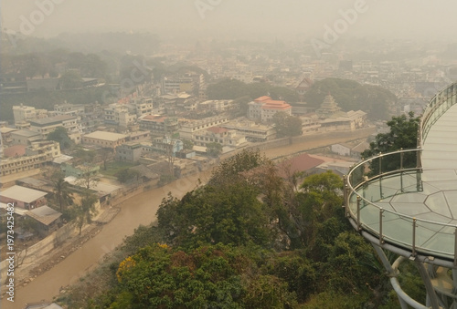 Thick smoke from forest fires in neighboring countries blankets a border town between Thailand and Myanmar, creating a hazy atmosphere over Maesai city, Chiang Rai in Thailand.