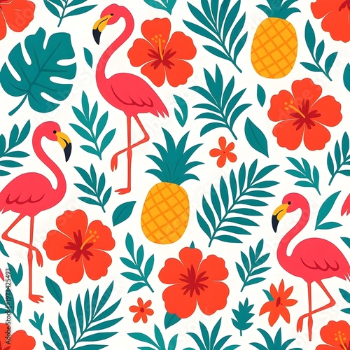 Seamless summer tropical pattern with hibiscus flowers, palm leaves, pineapples, and flamingos, bold bright colors, flat vector illustration style, white background, tileable
