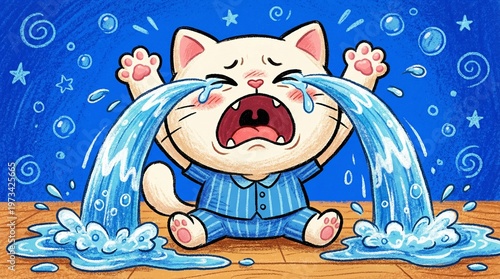 A cartoon white cat in blue striped pajamas crying profusely with large streams of tears, looking very sad and distressed on a blue background.