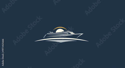 A stylized illustration of a yacht sailing.