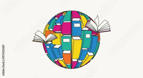 Colorful Bookshelf Globe with Flying Books.