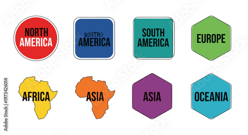 Clean vector shapes representing continents north america, south america, europe, africa, asia, and oceania with bold typography and vibrant color palettes, perfect for