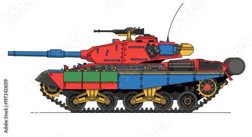Bold red, blue, and yellow armored combat vehicle with a prominent cannon and machine gun, featuring clean lines, distinct shapes, and a striking color palette, ideal for military