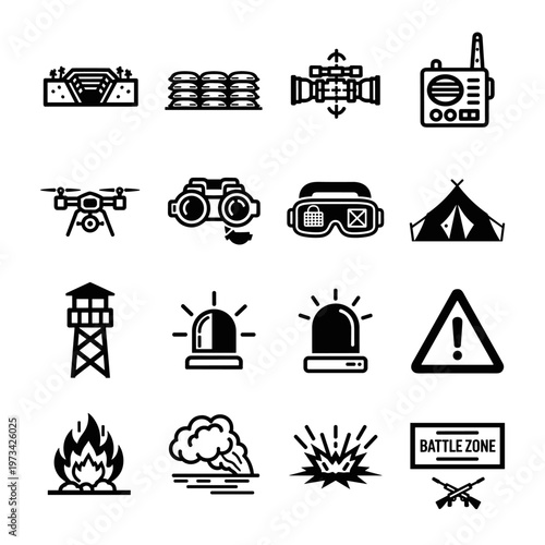 Collection of clean line art icons representing military operations, defense structures, surveillance equipment, and conflict scenarios, featuring trenches, sandbags, scopes,