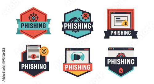 Collection of conceptual vector badges and icons representing cybersecurity threats and online fraud prevention, featuring stylized digital screens, money symbols, locks, and