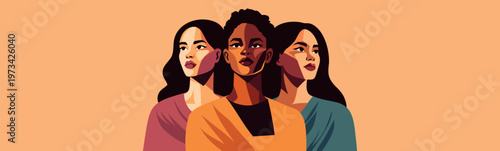 Bright vector abstract banner to Women's Day, March 8th, feminism, equality. Women of different cultures, skin colors and nationalities unite. Movements for gender equality and women's empowerment