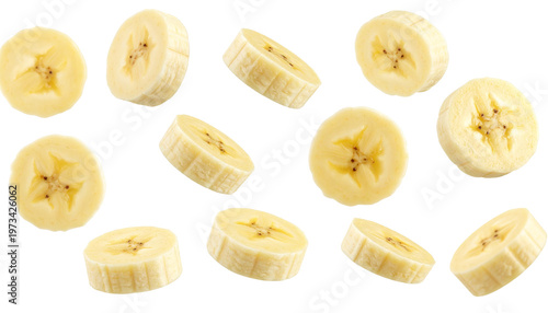banana slices mid air isolated on transparent background