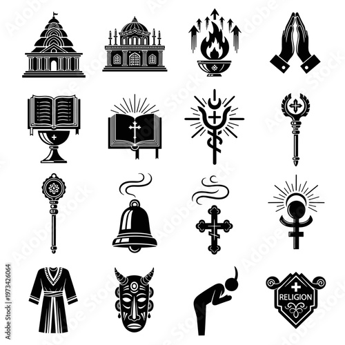 Collection of diverse religious symbols and cultural artifacts including ancient temples, sacred texts, prayer hands, ceremonial robes, and spiritual icons presented with clean