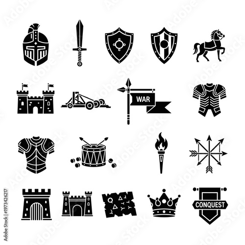 Collection of medieval warfare and conquest symbols featuring a roman helmet, sword, shields, horse, castle, catapult, war banner, armor, drum, torch, compass rose, gate, map,