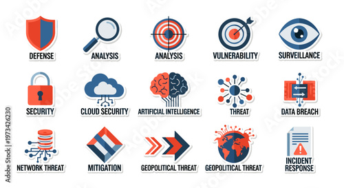 Collection of modern flat vector icons representing cybersecurity concepts, including defense shield, magnifying glass analysis, target vulnerability, watchful eye surveillance,