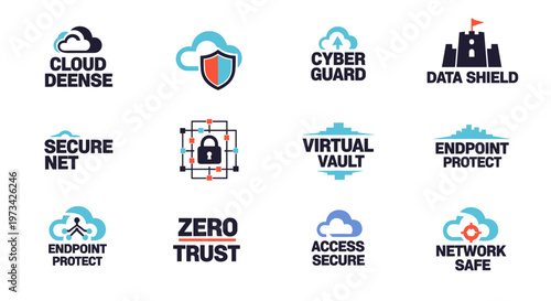Collection of modern flat vector logos symbolizing cybersecurity concepts, featuring clean lines, geometric shapes, and a professional color palette of navy blue, teal, and coral