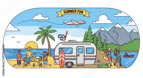 A colorful vector illustration of a summer vacation scene with a camper van, beach, and mountains