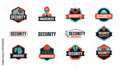 Collection of modern security awareness emblems featuring diverse icons like microphones, hard hats, pencils, hands, and dollar signs, presented in a clean vector graphic style