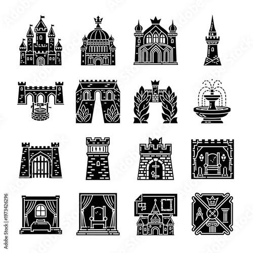 Collection of stylized black medieval castles, royal palaces, fortified towers, ornate gates, and architectural blueprints, featuring clean lines, geometric shapes, and a