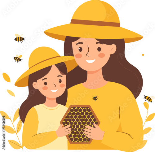 Mother and daughter beekeepers holding honeycomb.
