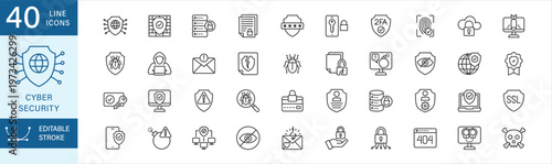 Cyber security icon set. Contains icon symbol : shield, data protection, secured server, network, cyber attack, password, biometric, mail phishing, data breach, bomb, skull, privacy, vpn, hacker.
