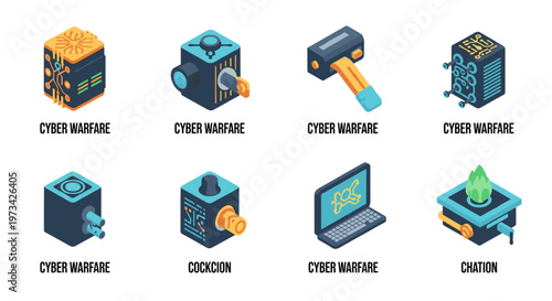 Futuristic isometric technology devices depicting cyber warfare concepts, featuring circuit board patterns, glowing elements, and digital security themes in a vibrant cyan,