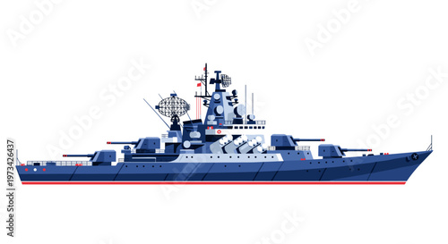 Majestic navy warship with prominent turrets and radar arrays, rendered in clean vector lines, featuring a deep blue hull with subtle grey accents and a striking red waterline