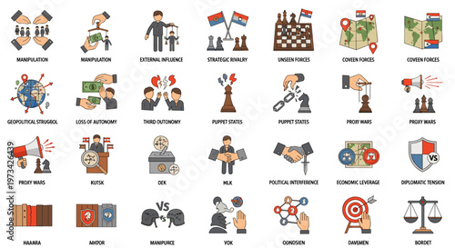 Global geopolitical struggle, strategic rivalry, external influence, manipulation, proxy wars, and diplomatic tension depicted through clean, scalable vector icons representing
