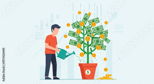 Man waters money tree with green watering can, golden coins and dollar bills sprout, symbolizing financial growth, investment, and wealth accumulation in a modern flat style with