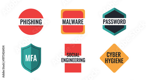 Modern flat vector icons representing cybersecurity threats and protective measures including phishing, malware, password security, mfa, social engineering, and cyber hygiene