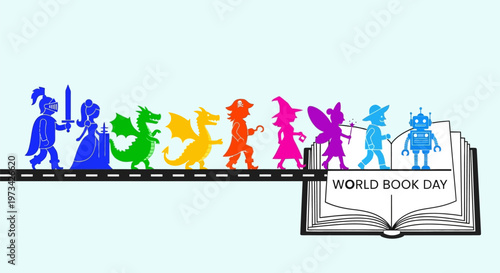 Colorful fantasy characters walking on a book for World Book Day.