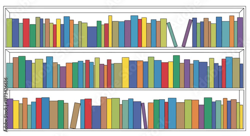 Colorful Bookshelf with Various Books Neatly Arranged.