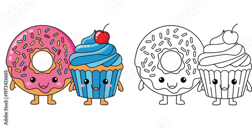 Kawaii Donut and Cupcake Character Coloring Page for Kids with Color Example, Cute Cartoon Dessert Sweets Illustration Vector for Educational Activity Book and Kids