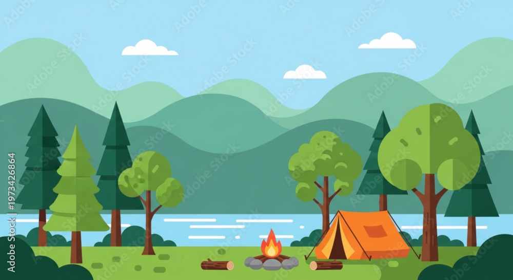 Obraz premium A serene camping scene with a tent, campfire, and trees by a lake