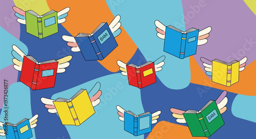 Colorful flying books with wings symbolizing imagination and knowledge.