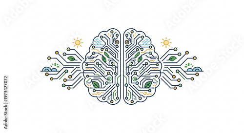A vector graphic illustration of a brain with circuit board and eco-friendly elements