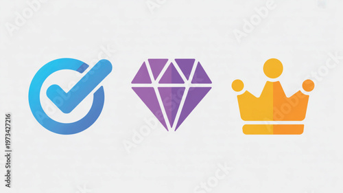 Checkmark, Diamond, and Crown Icons for Success and Quality Concepts