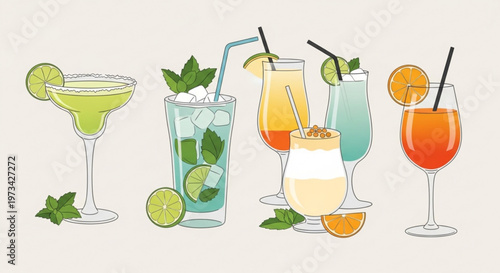 A colorful illustration of various cocktails with garnishes and straws