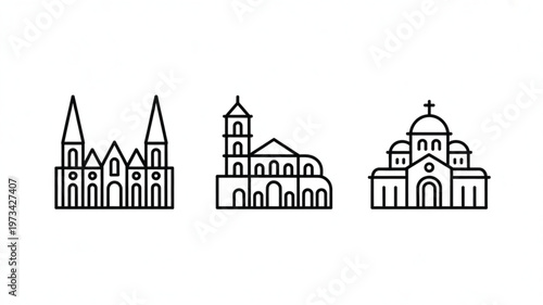 Black line art illustrations of three different church buildings on white background for religious or architectural concepts